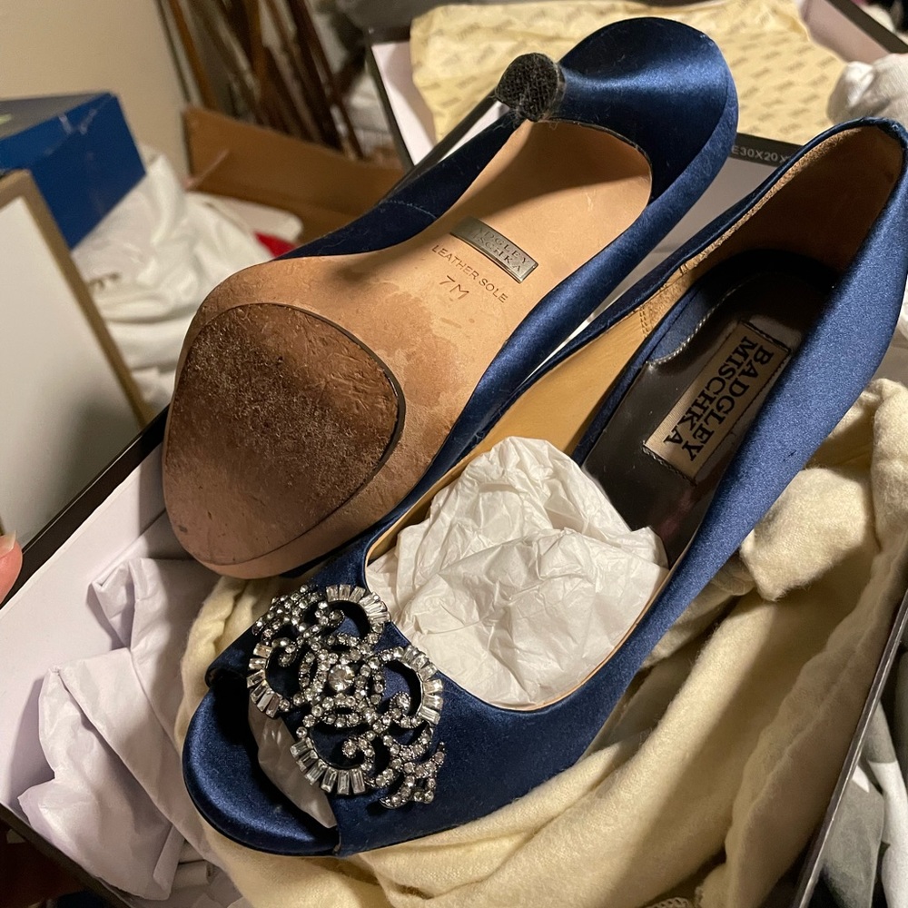 Navy blue satin Badgley Mischka heels with crystal embellishment